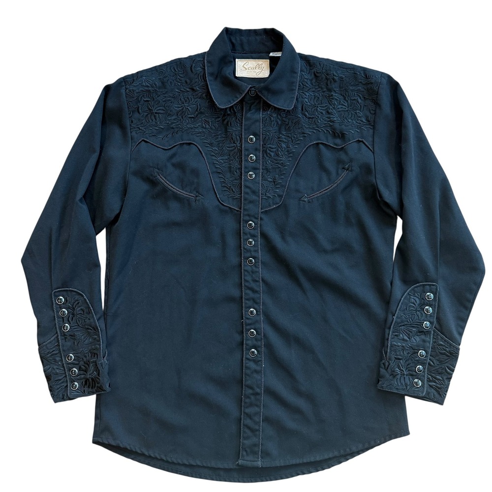 Scully Mens Black Western Shirt Floral Embroidery Snap Front P-634 Small‎